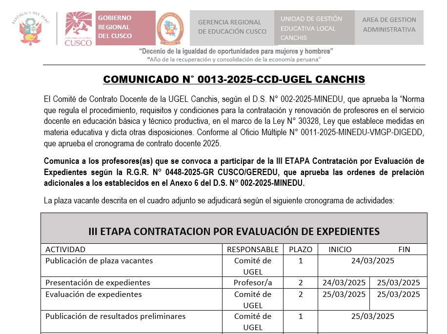 COMUNICADO N° 0013-2025 - Contrato Docente de la UGEL Canchis
